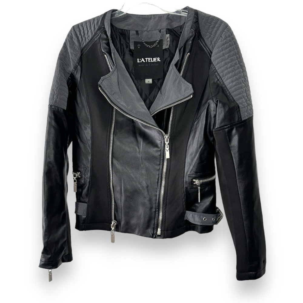 L’atelier faux leather trim motto jacket size m